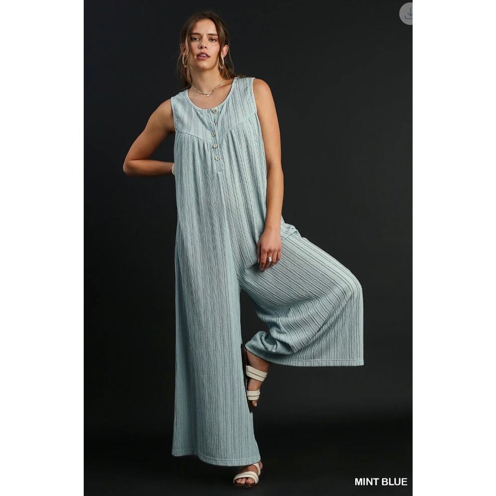 Umgee - Textured Knit Jumpsuit (Mint Blue) - Large